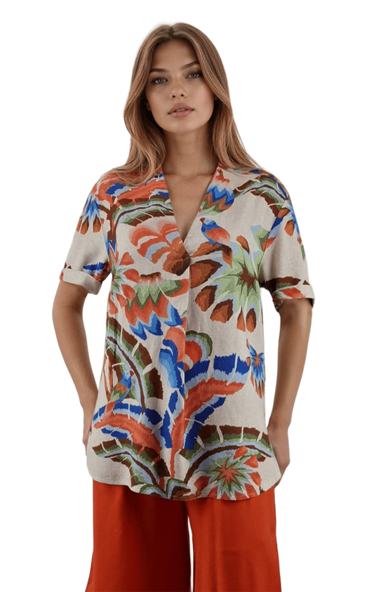 Дамска ленена риза-туника с къс ръкав остро деколте - Decade.shop