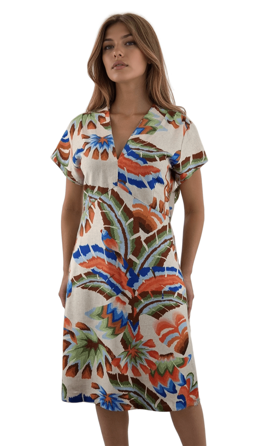 Дамска ленена рокля с къс ръкав остро деколте - Decade.shop