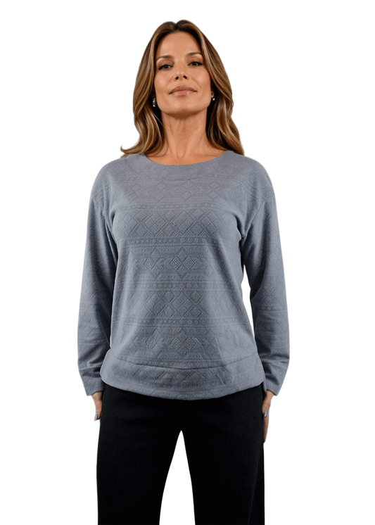 Bluză jacquard pentru femei - tricou cu mânecă lungă și guler rotund